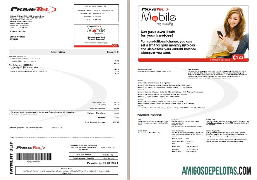 Conta de serviços públicos da Primetel em Chipre, 2 páginas amostra